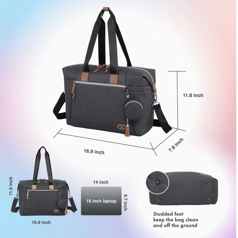 Large Gray Baby Diaper Bag Tote with Tassel Accent